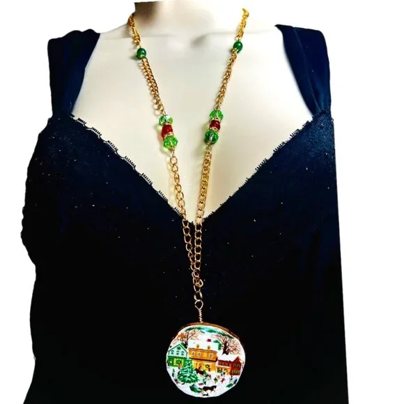 1989 Avon Country Christmas Broken China Necklace w Agate & Amber Stones Artisan - Picture 3 of 11